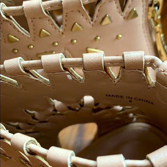 Bebe Faux Leather Peep Toe Heels with Gold Studs - Picture 3 of 4